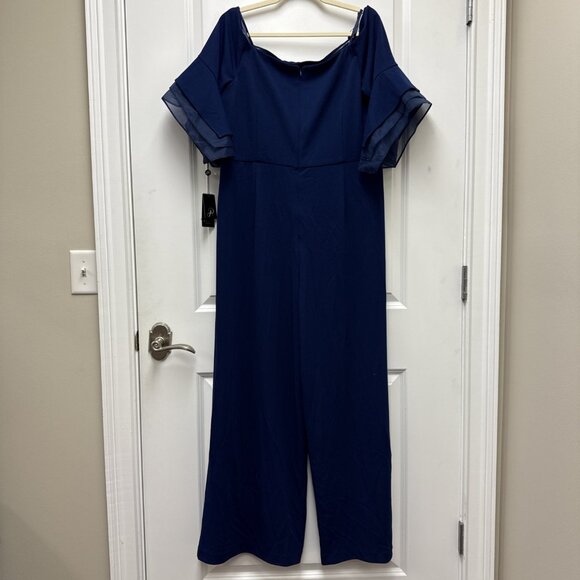 New Adrianna Papell Size 16 W Navy Off-Shoulder Organza-Sleeve Cocktail Jumpsuit - Picture 9 of 14